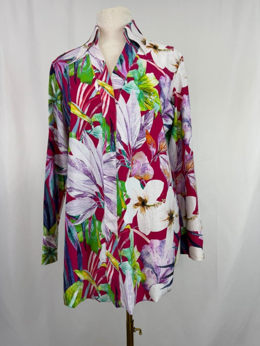 Chiara Boni Floral Blouse Large 46 10 Multicolor Red Green Long Sleeve V Neck